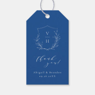 Etiqueta Para Presente Crista botânica simples monograma casamento azul
