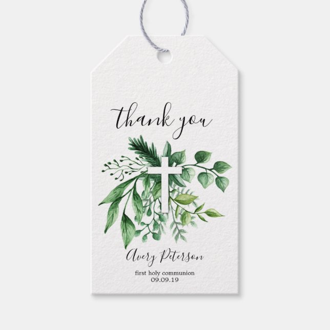 Etiqueta Para Presente Cruz Botânica Verde Primeira Comunhão (Frente)