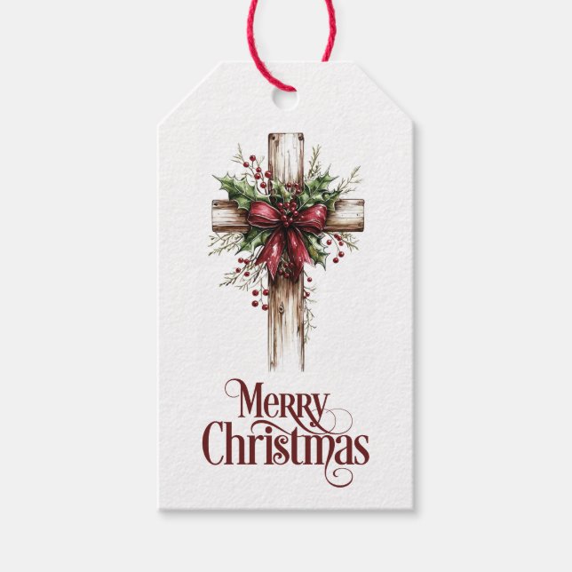 Etiqueta Para Presente Cruz de Natal com Laço Vermelho (Frente)