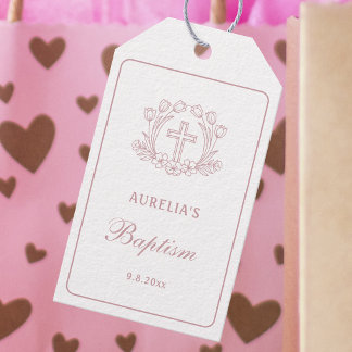 Etiqueta Para Presente Cruz Floral Rosa Simples Batismo
