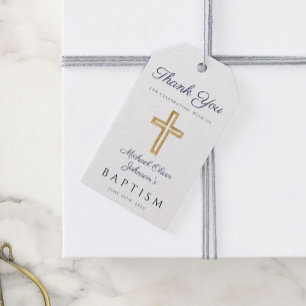 Etiqueta Para Presente Cruz Religiosa de Batismo Menino Azul Marinho Scri