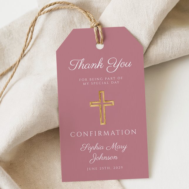 Etiqueta Para Presente Cruz Religiosa Rosa Moderno Menino Confirmação (Modern Pink Religious Cross Boy Confirmation Gift Tags)