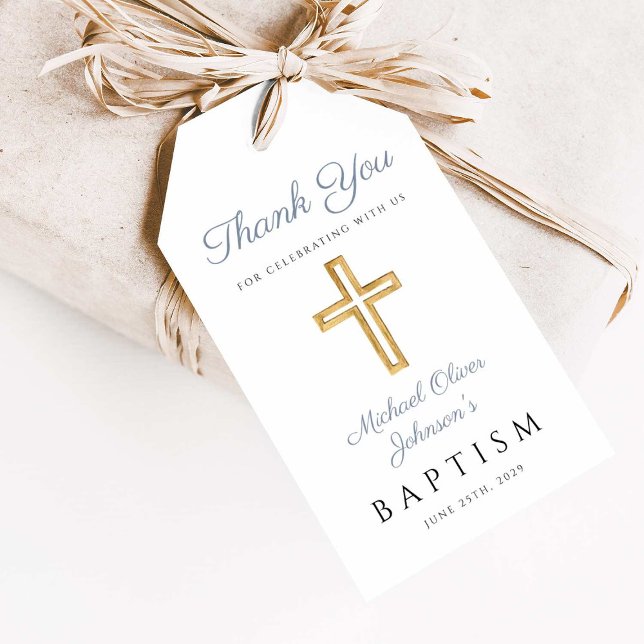 Etiqueta Para Presente Cruzeiro Religioso Blue Stripes Baptism (Religious Cross Boy Blue Stripes Baptism Gift Tags)