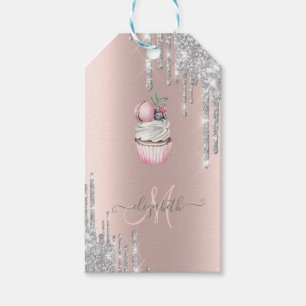 Etiqueta Para Presente Cupcake com Monograma em Dourado Rosa e Pingos de