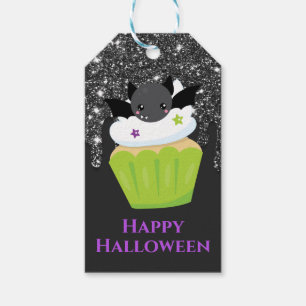Etiqueta Para Presente Cupcake de Halloween do Morcego Kawaii