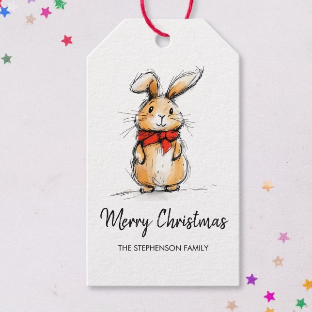 Etiqueta Para Presente Cute Bunny Rabbit Sketch Merry Christmas (Criador carregado)