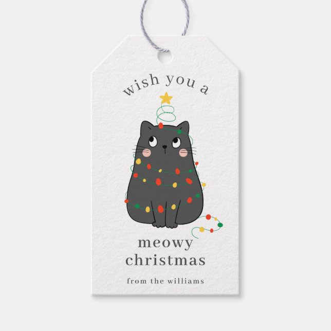 Etiqueta Para Presente Cute Gray Cat Meowy Christmas Custom Holiday (Frente)