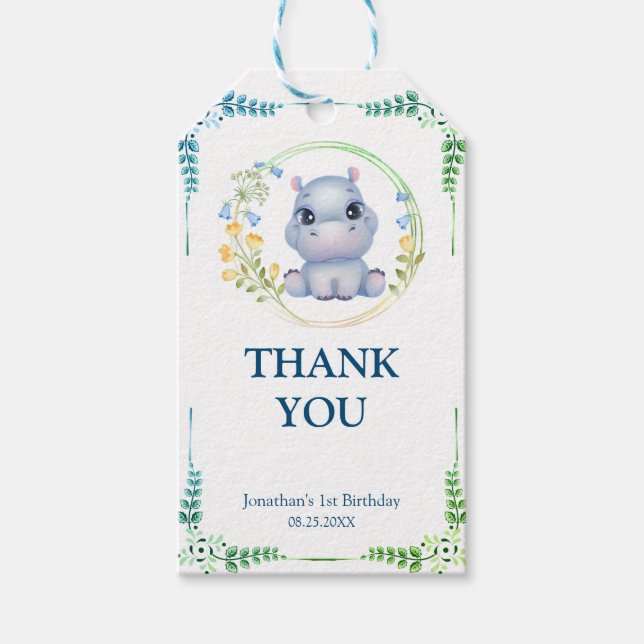 Etiqueta Para Presente Cute Hippopotamus Flower Wreath Aniversário Obriga (Frente)
