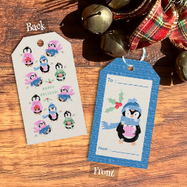 Etiqueta Para Presente Cute Penguin with Gift Holiday Blue Gift Tag