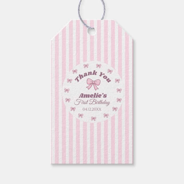 Etiqueta Para Presente Cute Pink Bow First Birthday  (Frente)