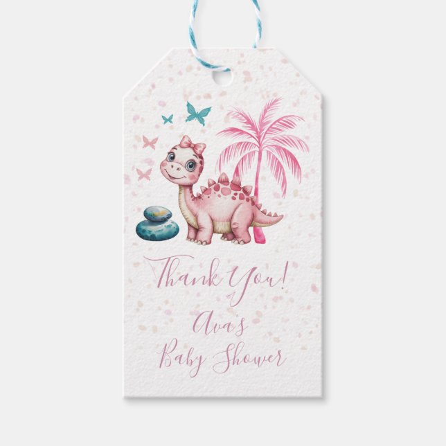 Etiqueta Para Presente Cute Pink Dinosaur Baby Shower Thank You (Frente)