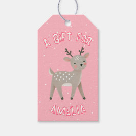Etiqueta Para Presente Cute Pink Reindeer Kid`s Name Christmas