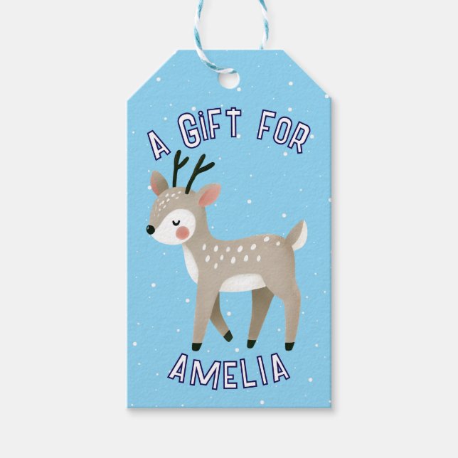 Etiqueta Para Presente Cute Reindeer Snowflakes Kid`s Name Christmas  (Frente)