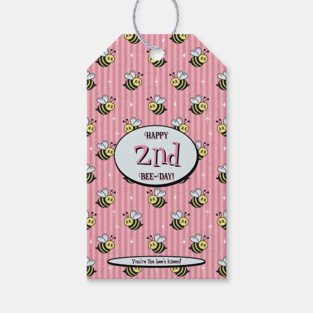 Etiqueta Para Presente Cute Retro Pink Striped Bumblebee Birthday (Frente)