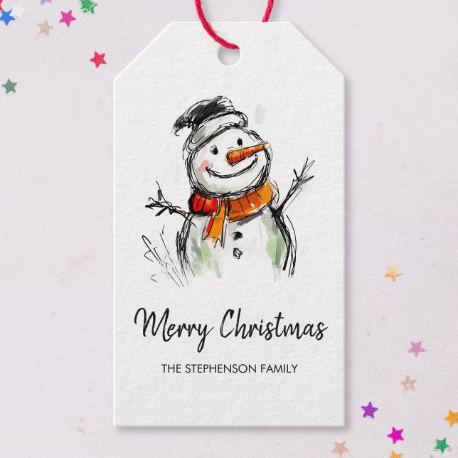 Etiqueta Para Presente Cute Snowman Hand Drawn Sketch Merry Christmas (Criador carregado)