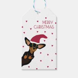 Etiqueta Para Presente Dachshund bonito com chapéu de Papai Noel e fundo