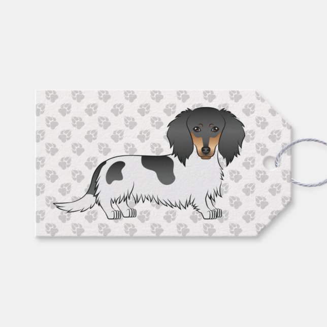 Etiqueta Para Presente Dachshund Piebald Preto e Castanho de Pelo Longo & (Frente (horizontal))