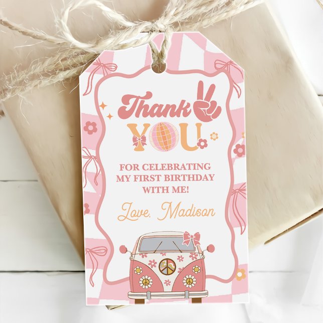 Etiqueta Para Presente Daisy & Retro Van Pastel Groovy primeiro aniversar (Criador carregado)