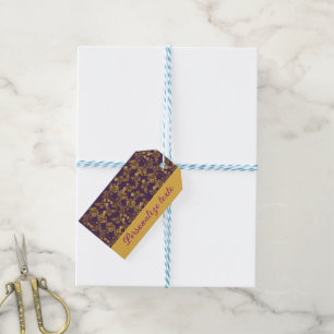Etiqueta Para Presente Damasco Floral Ouro Elegante Roxo Real Personaliza
