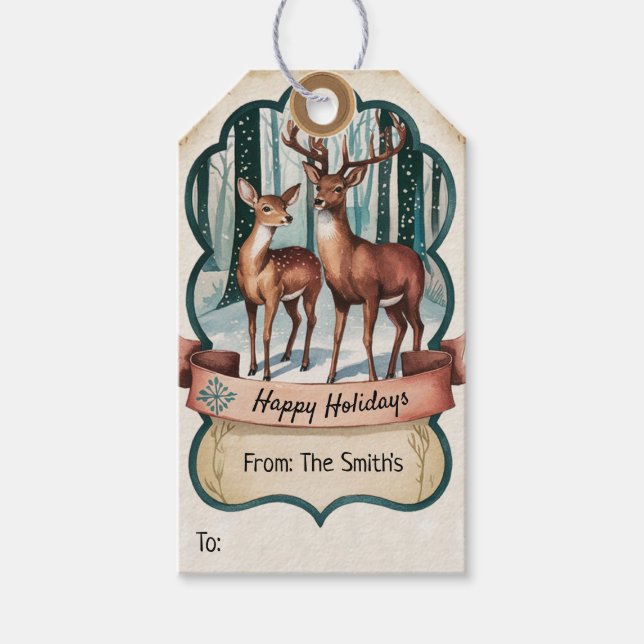 Etiqueta Para Presente Deer Happy Holidays (Frente)