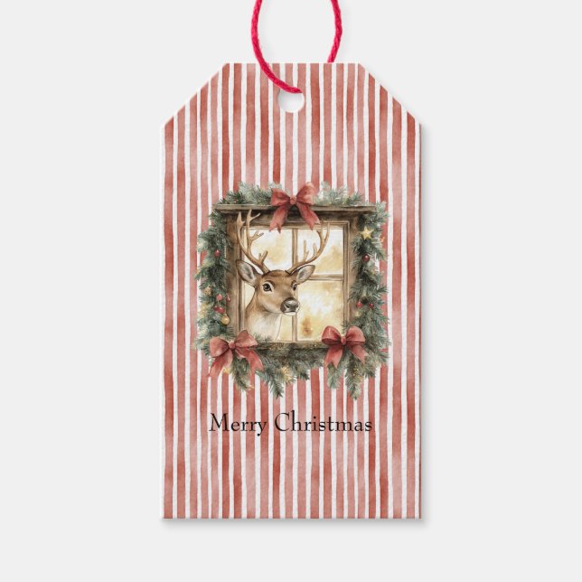 Etiqueta Para Presente Deer in Window Red Stripes Bows Christmas (Frente)