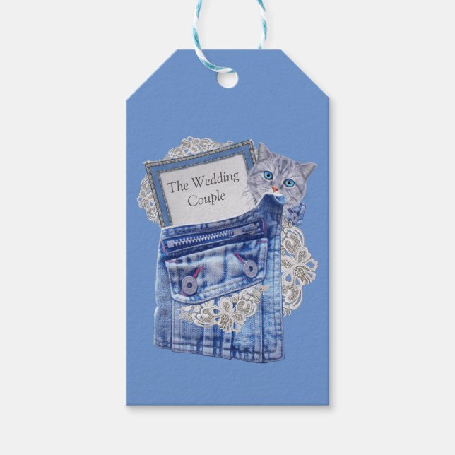 Etiqueta Para Presente Denim Jean bolsos, Kittens e Lace (Frente)