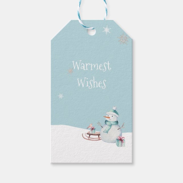 Etiqueta Para Presente Desejos Mais Quentes de Snowman Sled Gifts (Frente)