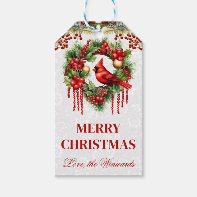 Etiqueta Para Presente Desenho de Natal com Cardinal e Grinalda (Frente)