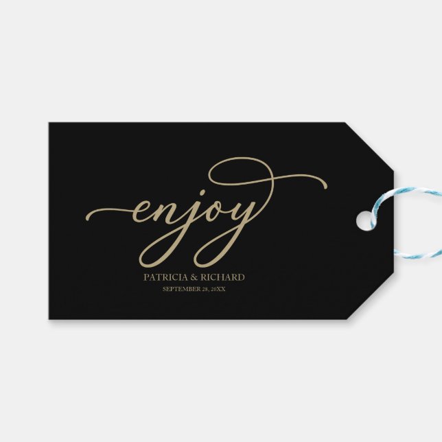Etiqueta Para Presente Desfrute de Chic Dourado Script Preto Casamento (Frente (horizontal))