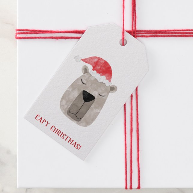 Etiqueta Para Presente Divertimento Capybara Santa Hat Natal (Fun capybara in a Santa hat with custom text Christmas gift tag for the winter holidays.)