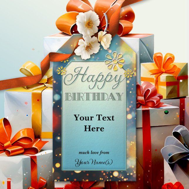 Etiqueta Para Presente Divertimento Floral com Espumante (A fun design birthday gift tag featuring a sparkling floral design in blue and yellow orange)