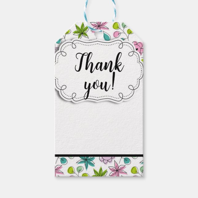 Etiqueta Para Presente Doodle Romântico Floral & Folhas Obrigado (Frente)
