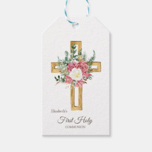Etiqueta Para Presente Dourada Cruz Floral Primeira Comunhão Sagrada 