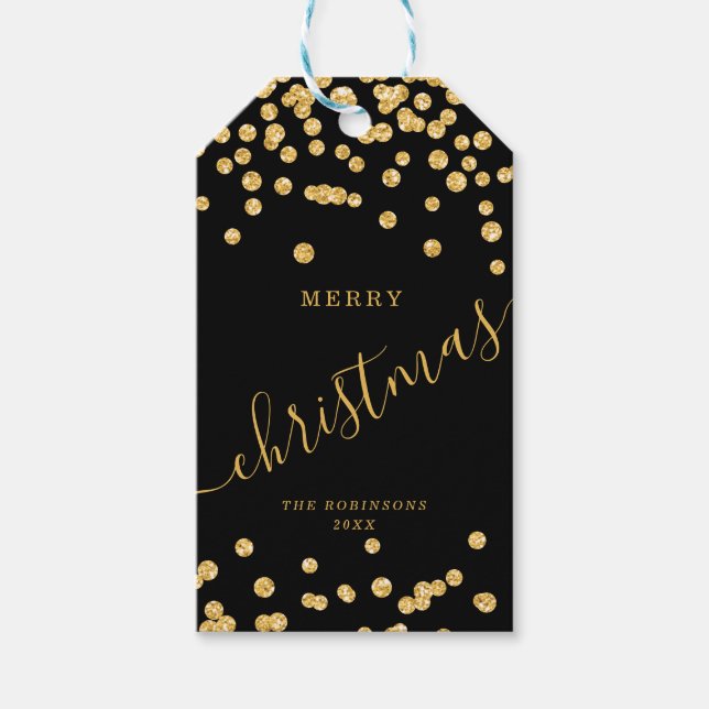 Etiqueta Para Presente Dourada noite de Natal, Confetti Preto (Frente)