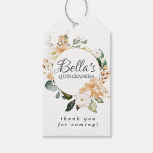 Etiqueta Para Presente Dourada Rosa Branca Floral, Favor da Quinceanera