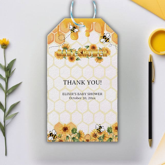 Etiqueta Para Presente Dourada Sunflower Honeycomb Honeybee Chá de fralda (Criador carregado)