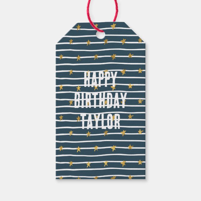 Etiqueta Para Presente Douradas estrelas e tiras azuis brancas (Frente)