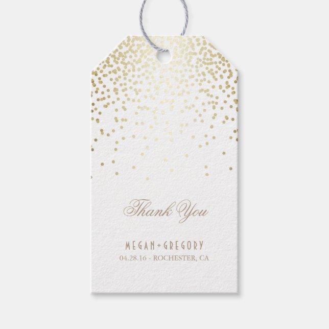 Etiqueta Para Presente Dourado Casamento Branco de Confetti Obrigado (Frente)