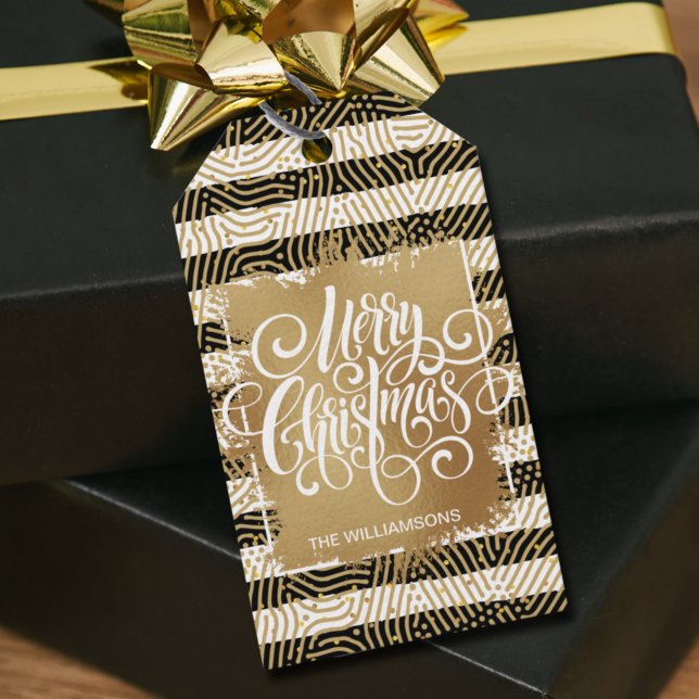 Etiqueta Para Presente Dourado Feliz Natal Black Stripes (Criador carregado)