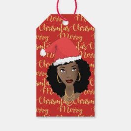 Etiqueta Para Presente Dourado Feliz Natal, Mulher Negra, Papai Noel, Ver