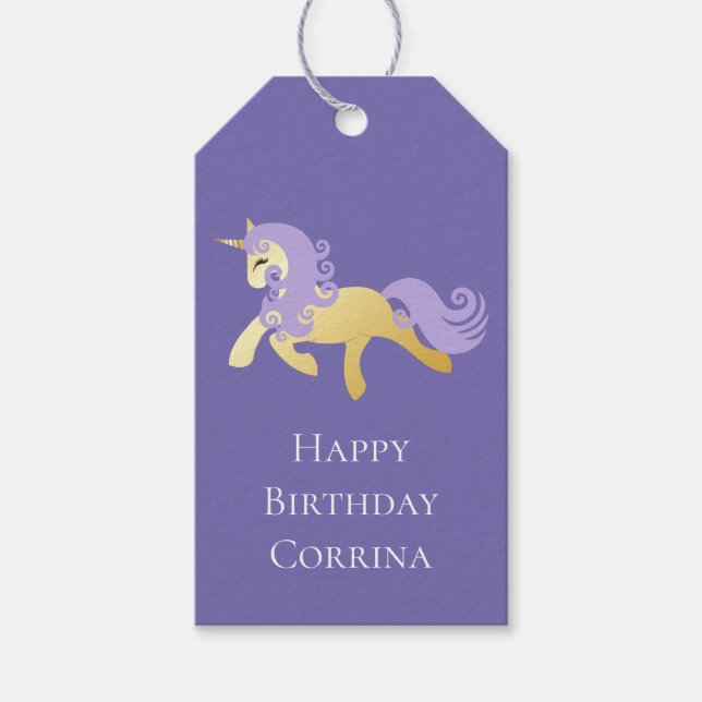 Etiqueta Para Presente Dourado Roxo Unicorn (Frente)