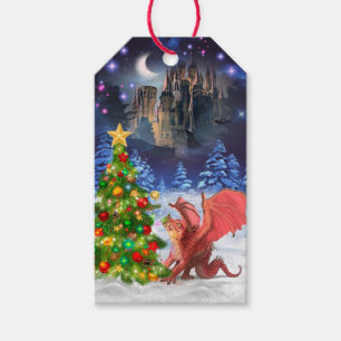 Etiqueta Para Presente Dragão puxando na árvore de Natal