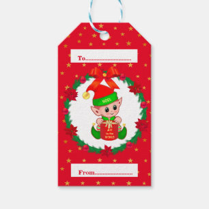 Etiqueta Para Presente duende de Natal, coroa de pinheiro, poinsettias e