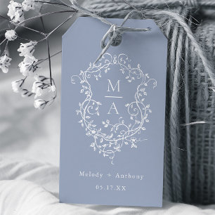 Etiqueta Para Presente Dusty Blue Elegant French Floral Crest Casamento