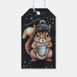 Etiqueta Para Presente Eichhörnchen mit Tasse und Schnee „Stay Warm“