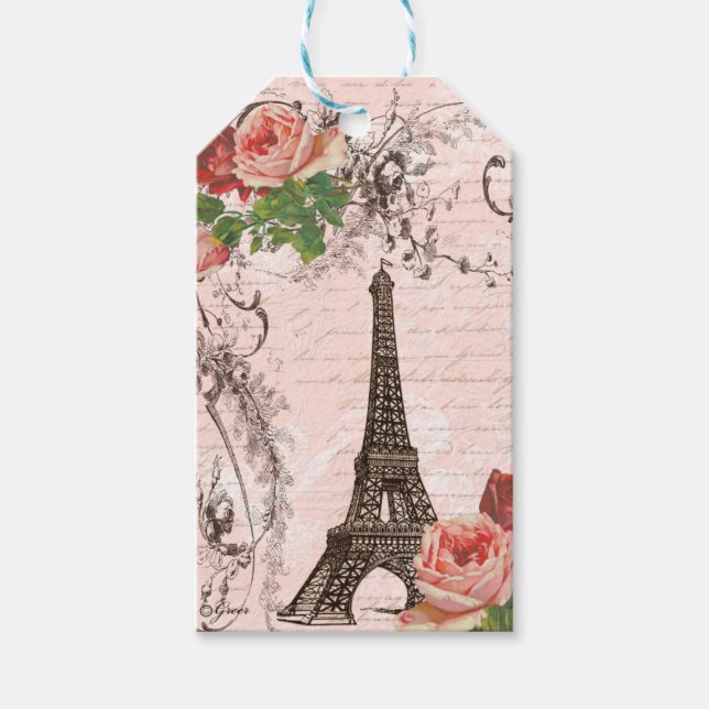 Etiqueta Para Presente Eiffel Tower Pink Rosa vermelha Script Francês (Frente)