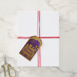 Etiqueta Para Presente Elefante Dourado e roxo circular Happy Diwali