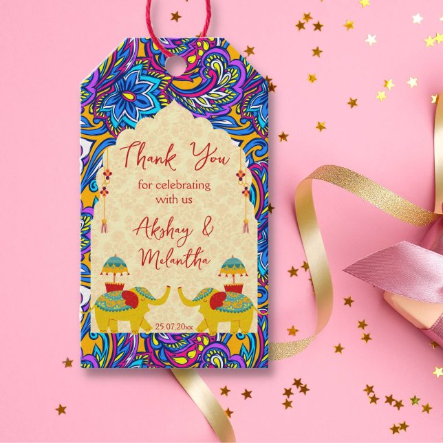 Etiqueta Para Presente Elefantes do casamento indiano obrigado amarelo az (Indian wedding favor gift tags cute jolly Indian wedding elephants custom favor gift tags)