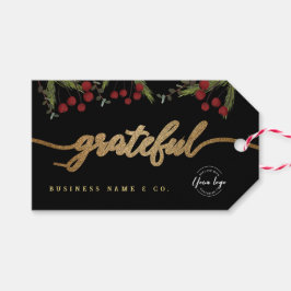 Etiqueta Para Presente Elegant Black Botanical “Grateful” Holiday Custom 