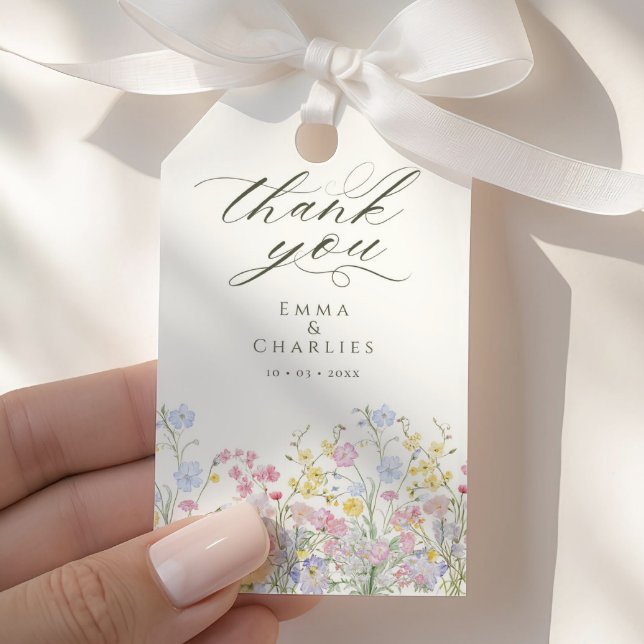 Etiqueta Para Presente Elegant Calligraphy Boho Wildflowers Wedding (Criador carregado)